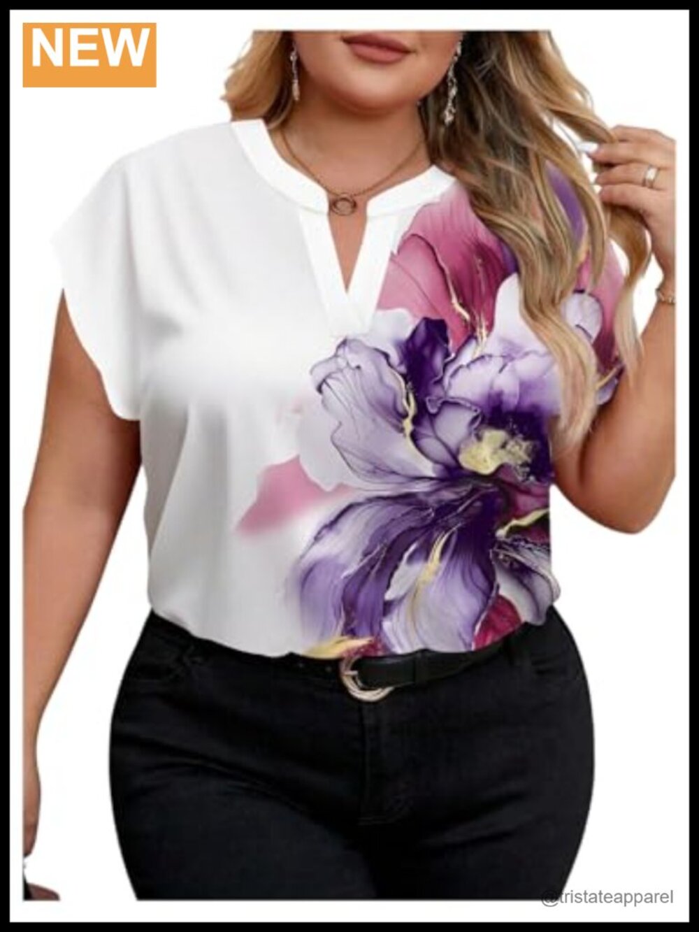 Women's Plus Size Watercolor Floral Short Sleeve Blouse, Lightweight